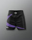 Black shorts with purple stripes on a gray background