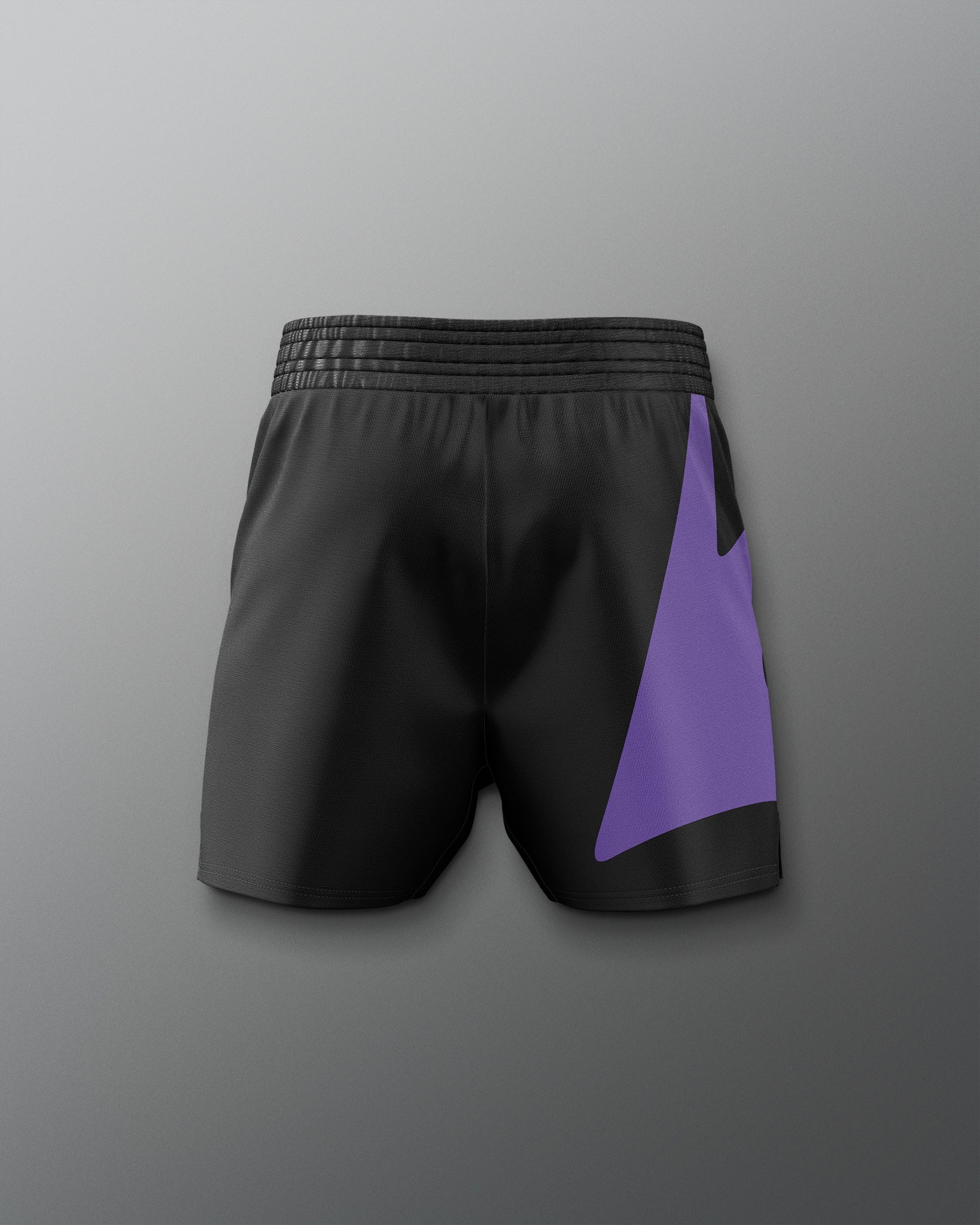 Black shorts with a purple triangle on a gray background