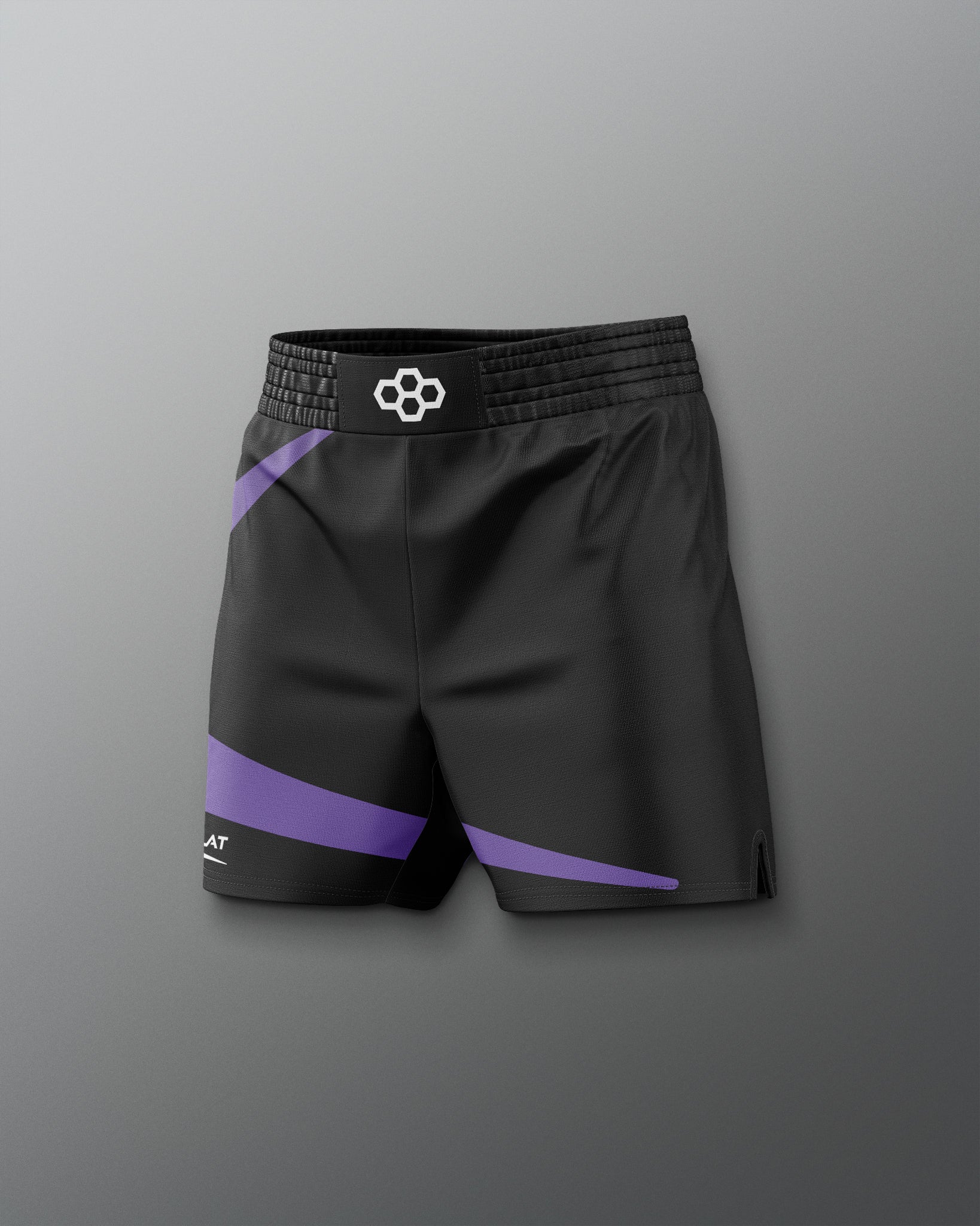 Black athletic shorts with purple accents on a gray background