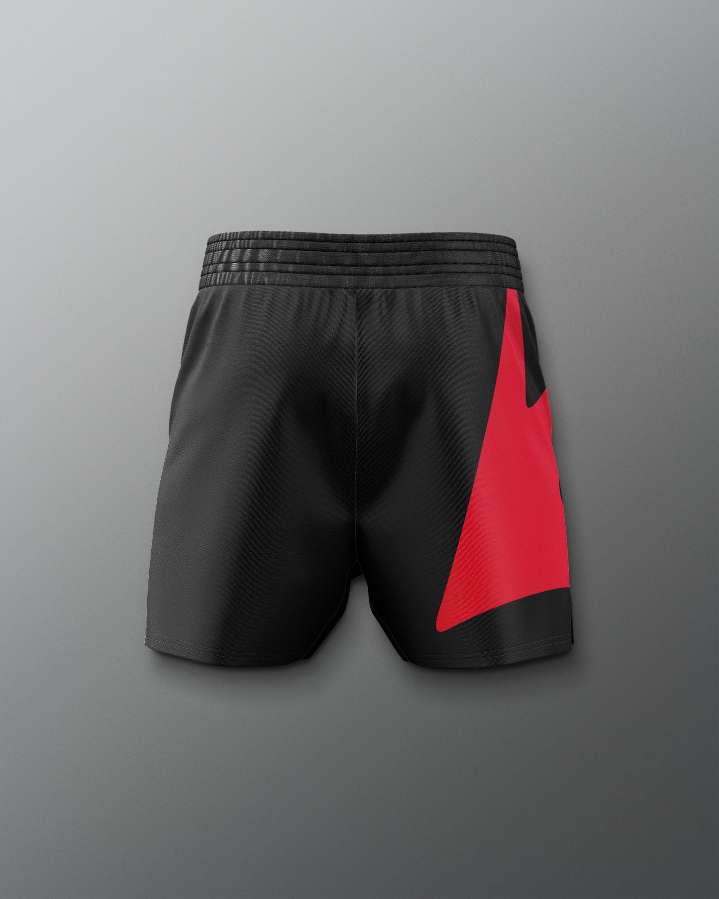 Black shorts with a red triangle on a gray background