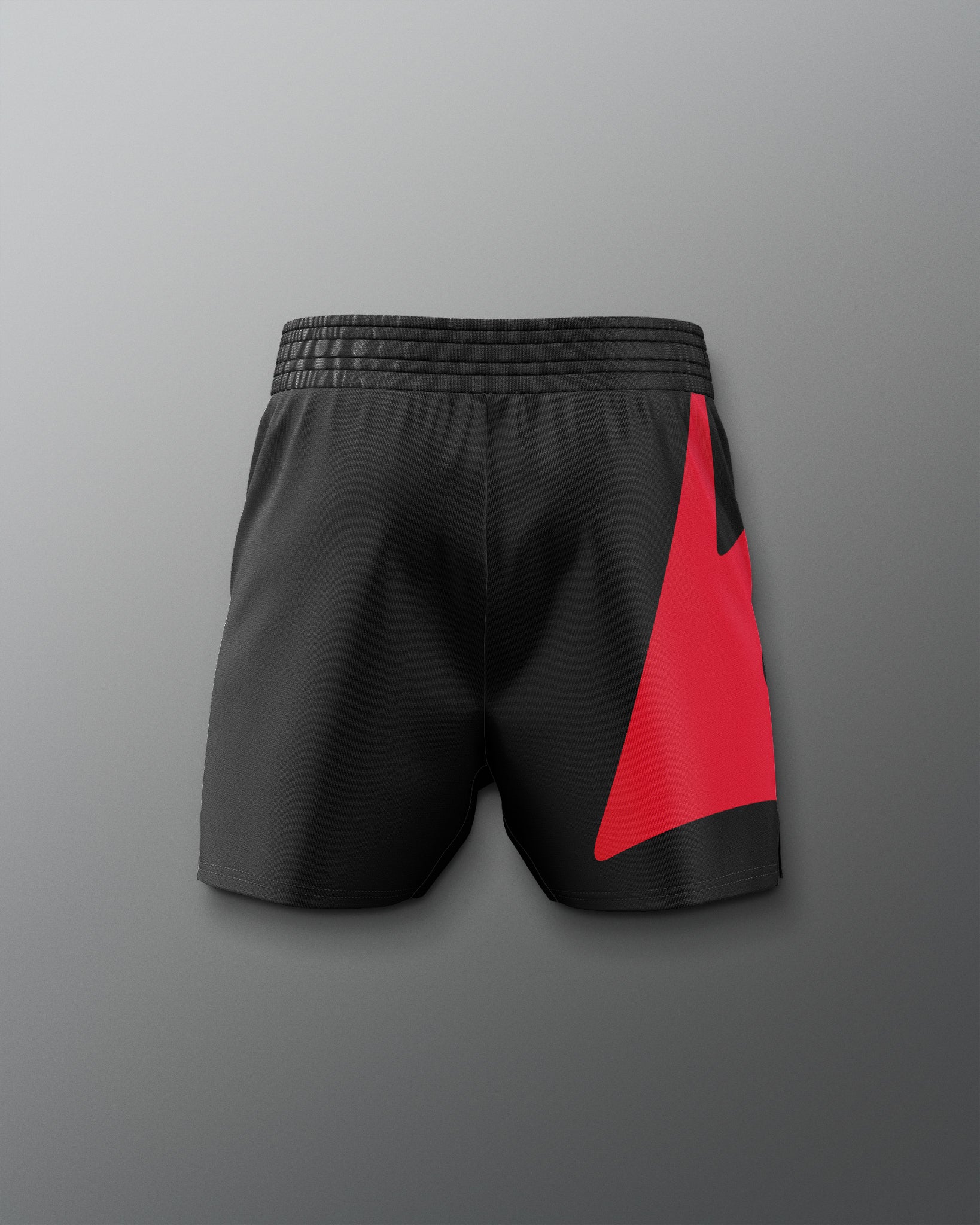 Black shorts with a red triangle on a gray background
