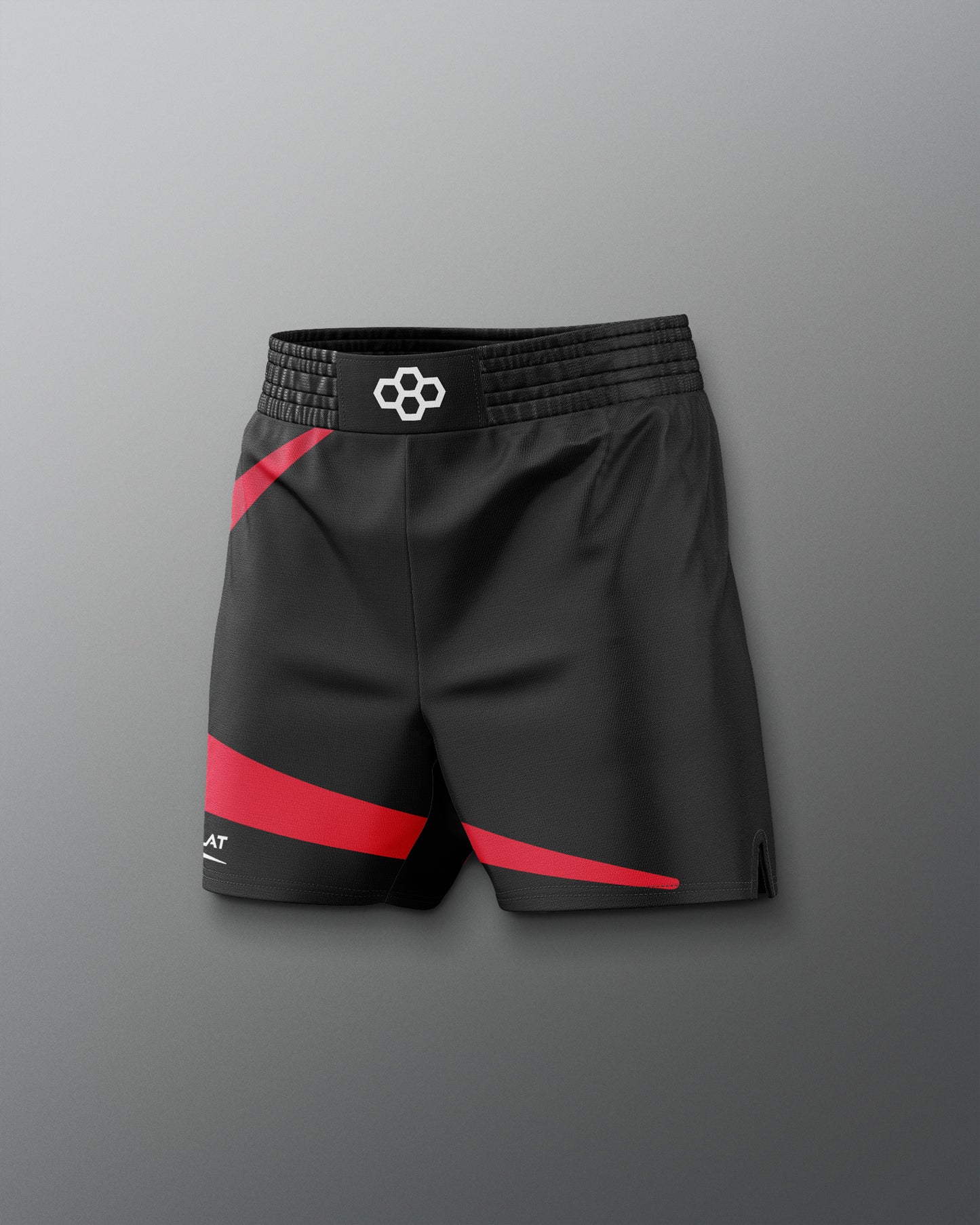 Black athletic shorts with red accents on a gray background