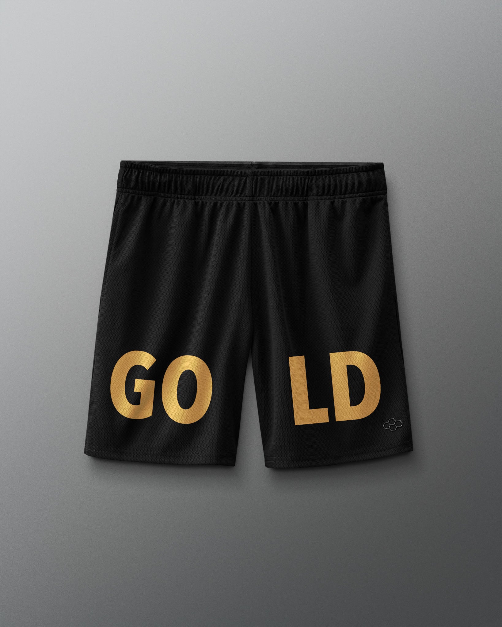RUDIS JB Gold 8" 2.0 Mesh Shorts in black featuring oversized metallic gold “GOLD” lettering across the front and a tonal RUDIS logo near the hem.