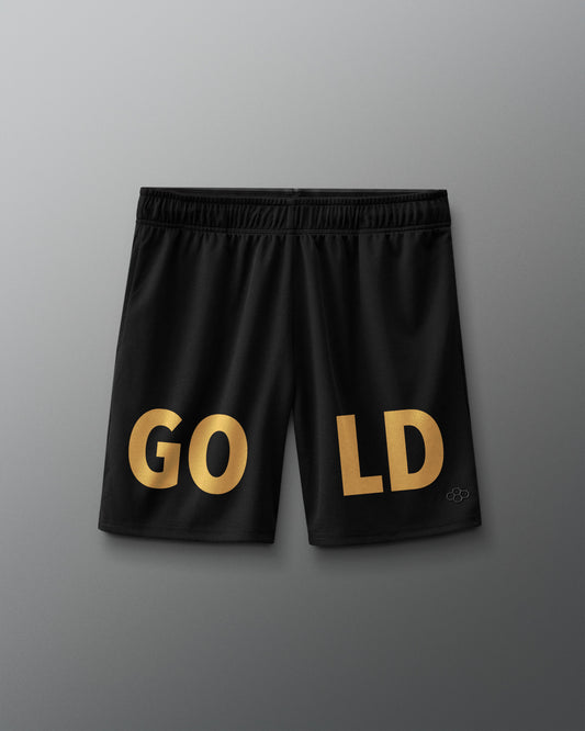 RUDIS JB Gold 8" 2.0 Mesh Shorts in black featuring oversized metallic gold “GOLD” lettering across the front and a tonal RUDIS logo near the hem.