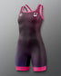 Front view of the RUDIS Sarah Hildebrandt Aurora Women’s Elite 2.0 Wrestling Singlet in black with pink and purple diagonal stripes.
