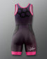 A sleeveless athletic wrestling singlet with a dark purple and black diagonal stripe pattern, bright pink trim, and a black abstract graphic on the upper chest. A white script logo is visible near the lower right leg.