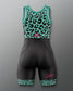 A sleeveless athletic one-piece wrestling singlet with a black and mint green leopard print bodice, solid black shorts, and matching leopard print leg cuffs. The brand name 'Sarah Hildebrandt' is printed in pink script on the lower left leg.