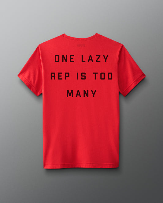 Back Shirt view - Red RUDIS T-shirt showing its athletic fit and solid text "One Lazy Rep is too many" design.
