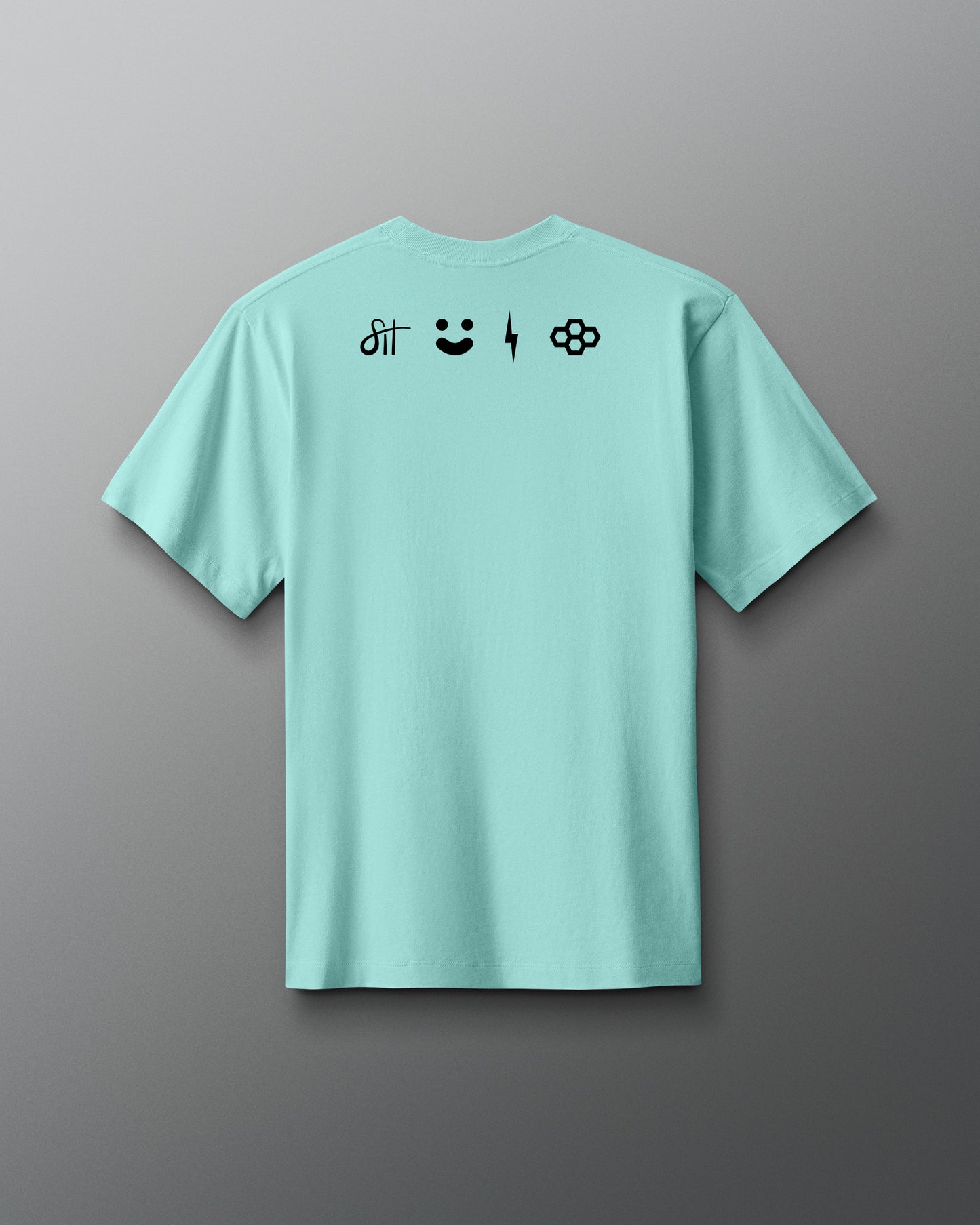 Light blue t-shirt with black icons on the back against a gray background