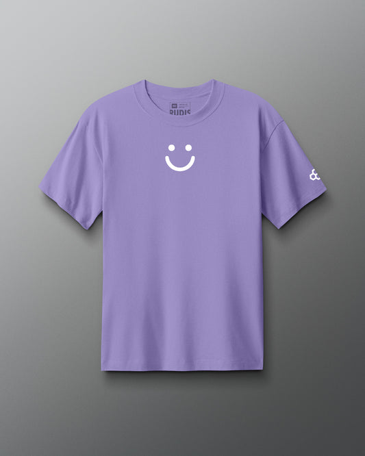 Purple t-shirt with a smiley face design on a gray background