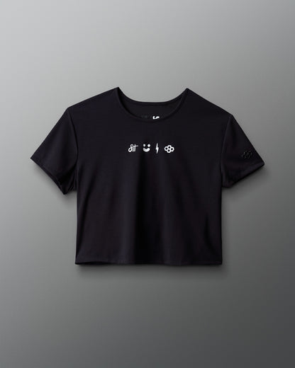 Black t-shirt with white text and symbols on a gray background