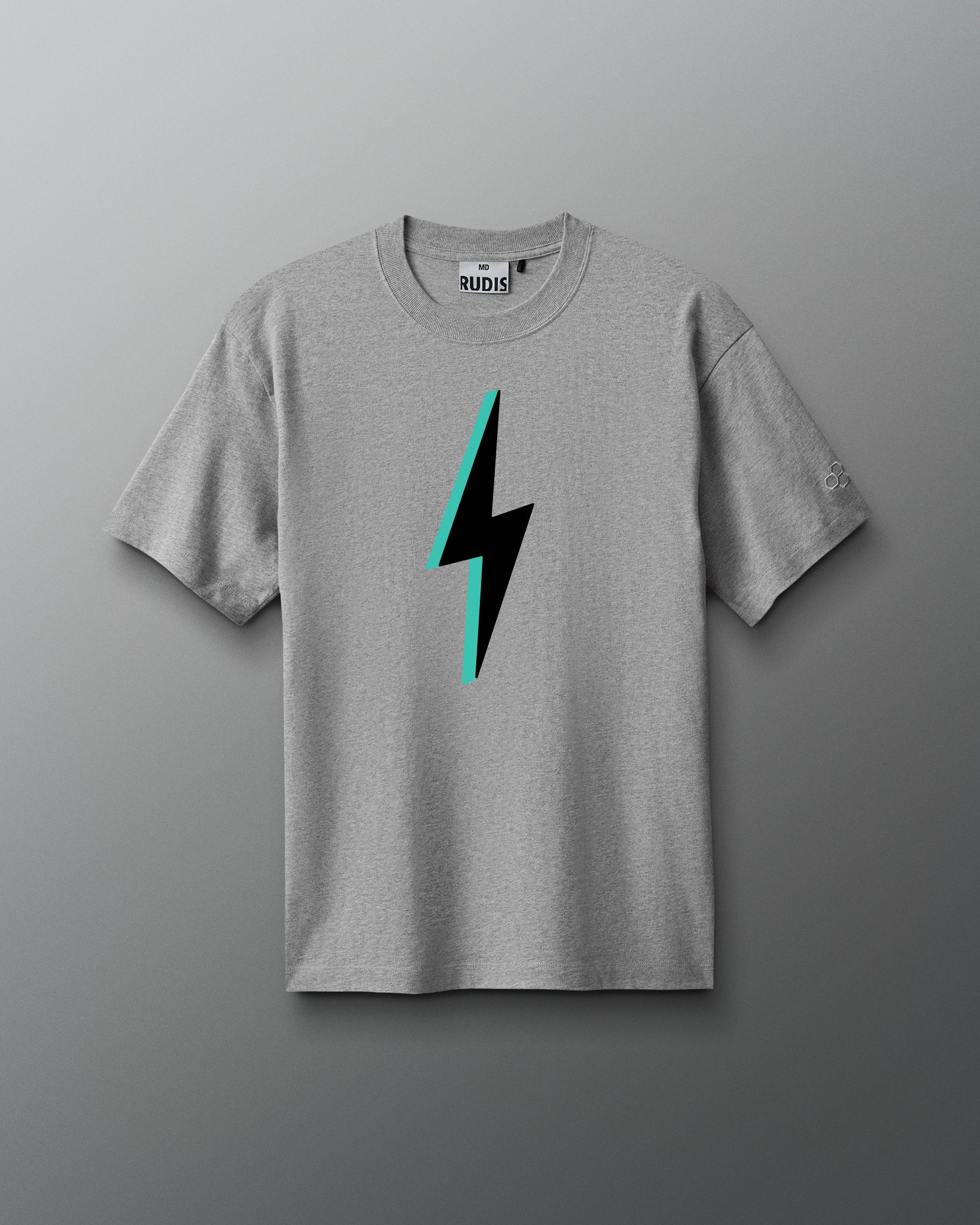 Gray t-shirt with a black and teal lightning bolt design on a gray background