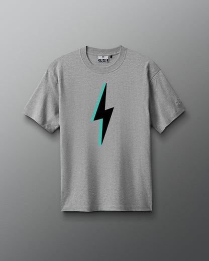 Gray t-shirt with a black and teal lightning bolt design on a gray background