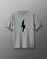 Gray t-shirt with a black and teal lightning bolt design on a gray background
