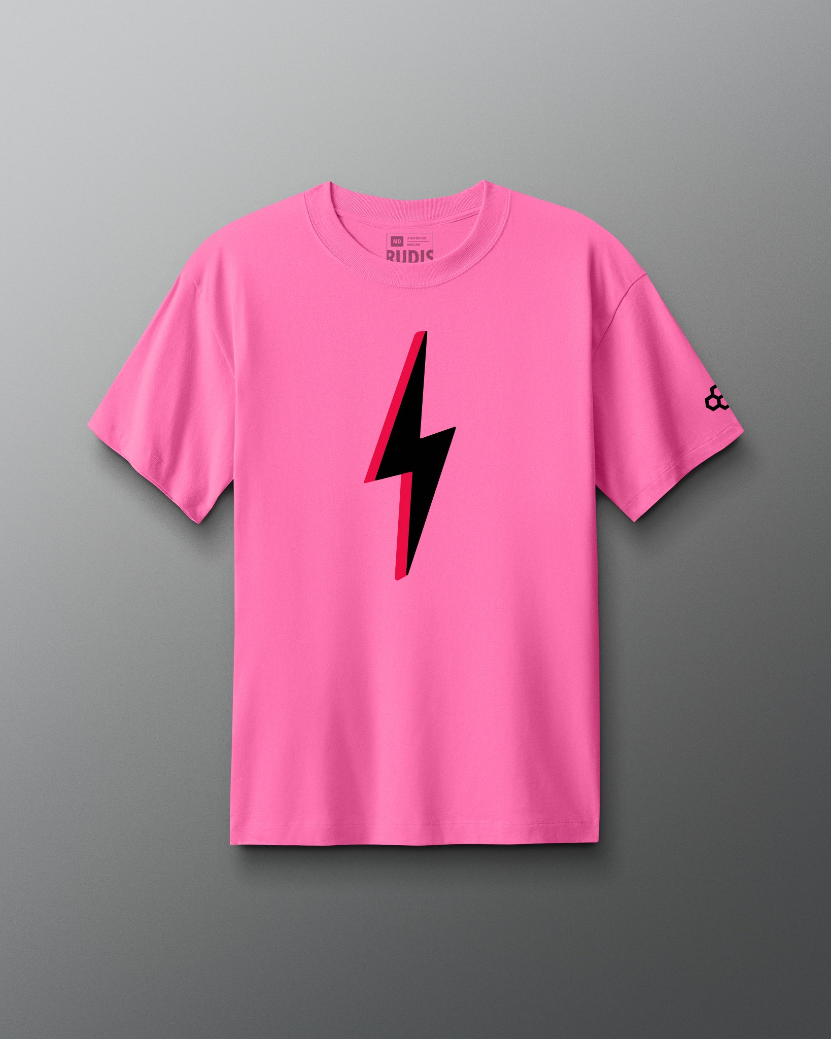 Pink t-shirt with a black lightning bolt design on a gray background