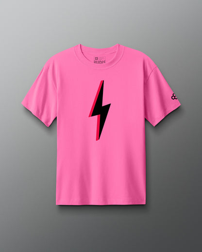 Pink t-shirt with a black lightning bolt design on a gray background