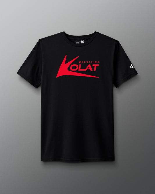 Black t-shirt with a red Kolat logo on a gray background