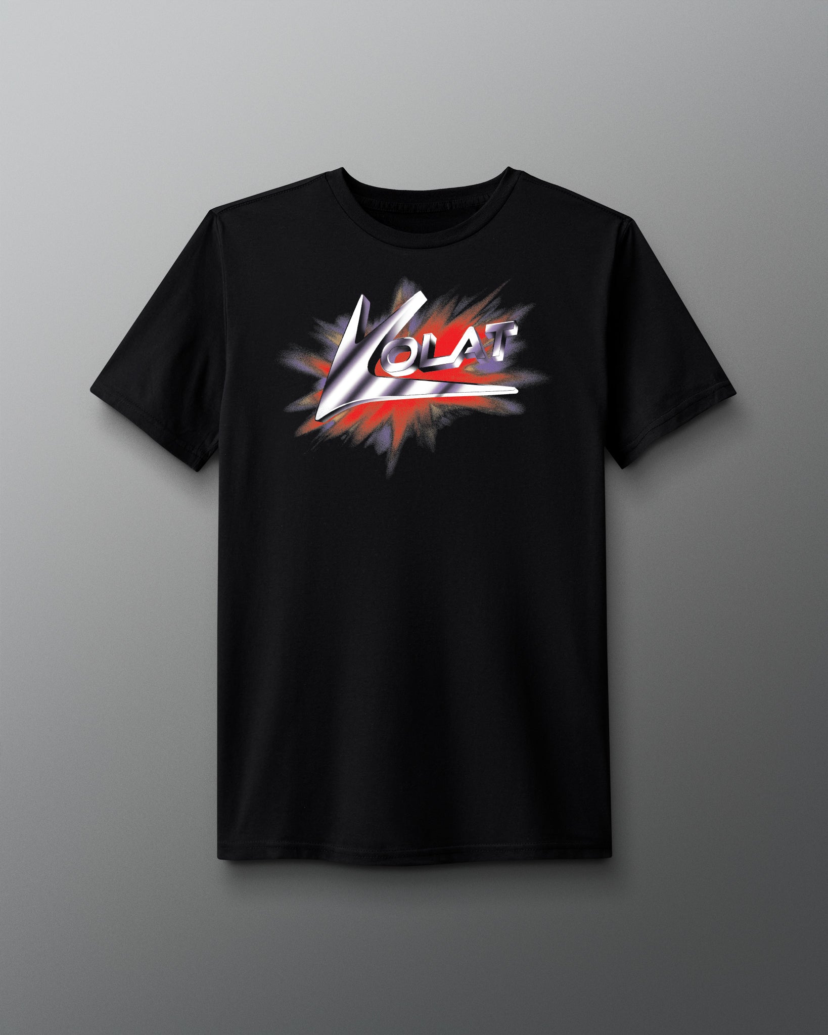 Black t-shirt with a colorful graphic design on a gray background