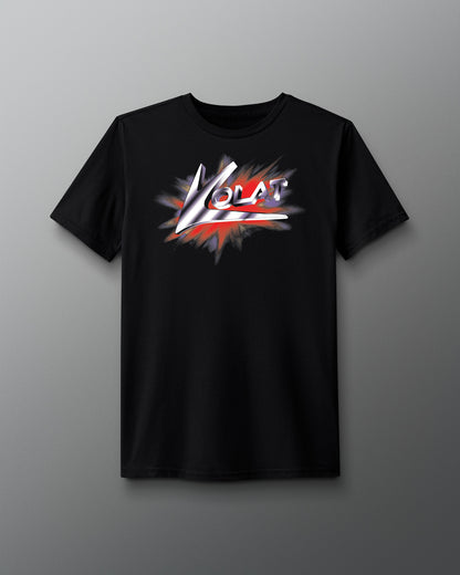 Black t-shirt with a colorful graphic design on a gray background