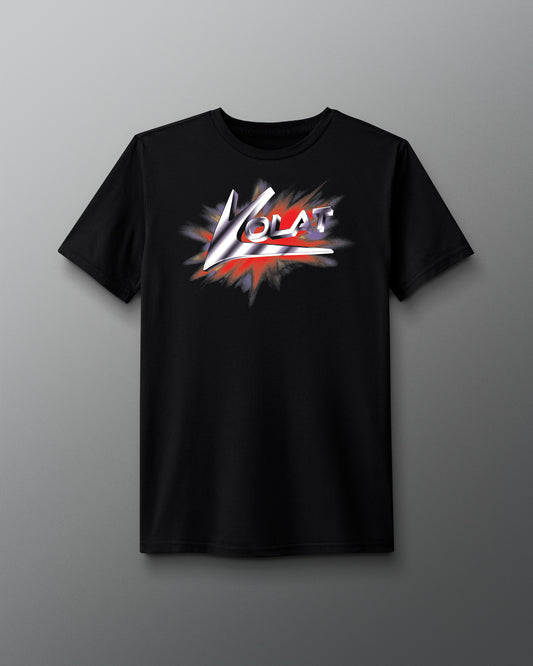 Black t-shirt with a colorful graphic design on a gray background