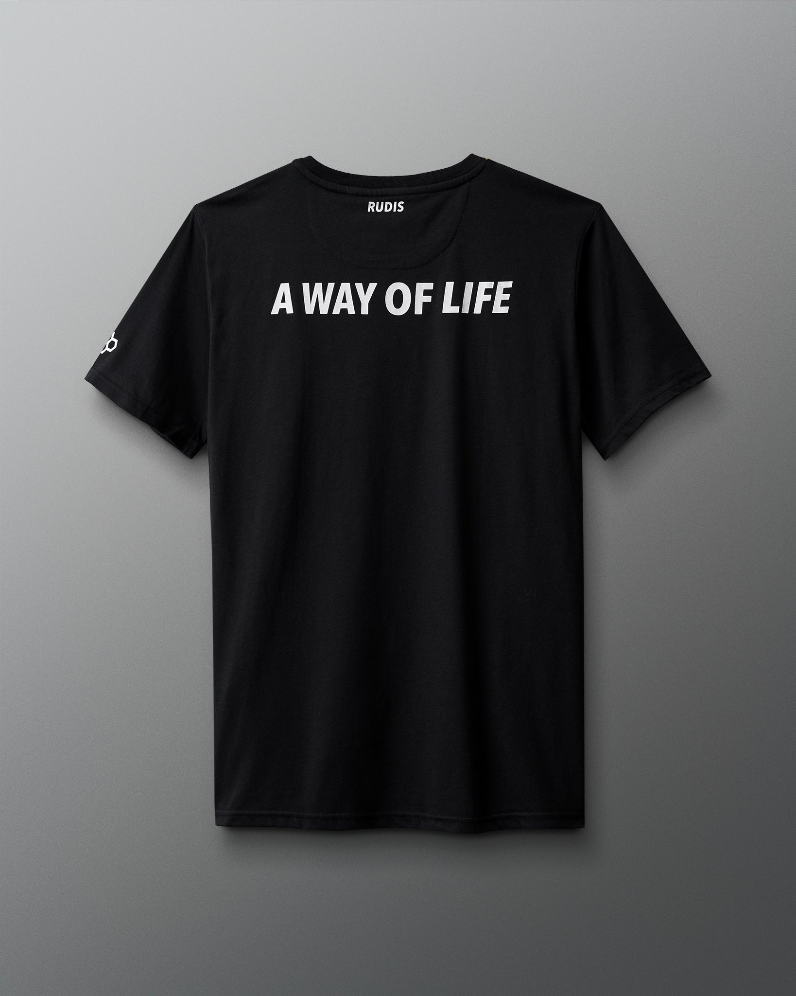 Black t-shirt with 'A Way of Life' text on a gray background