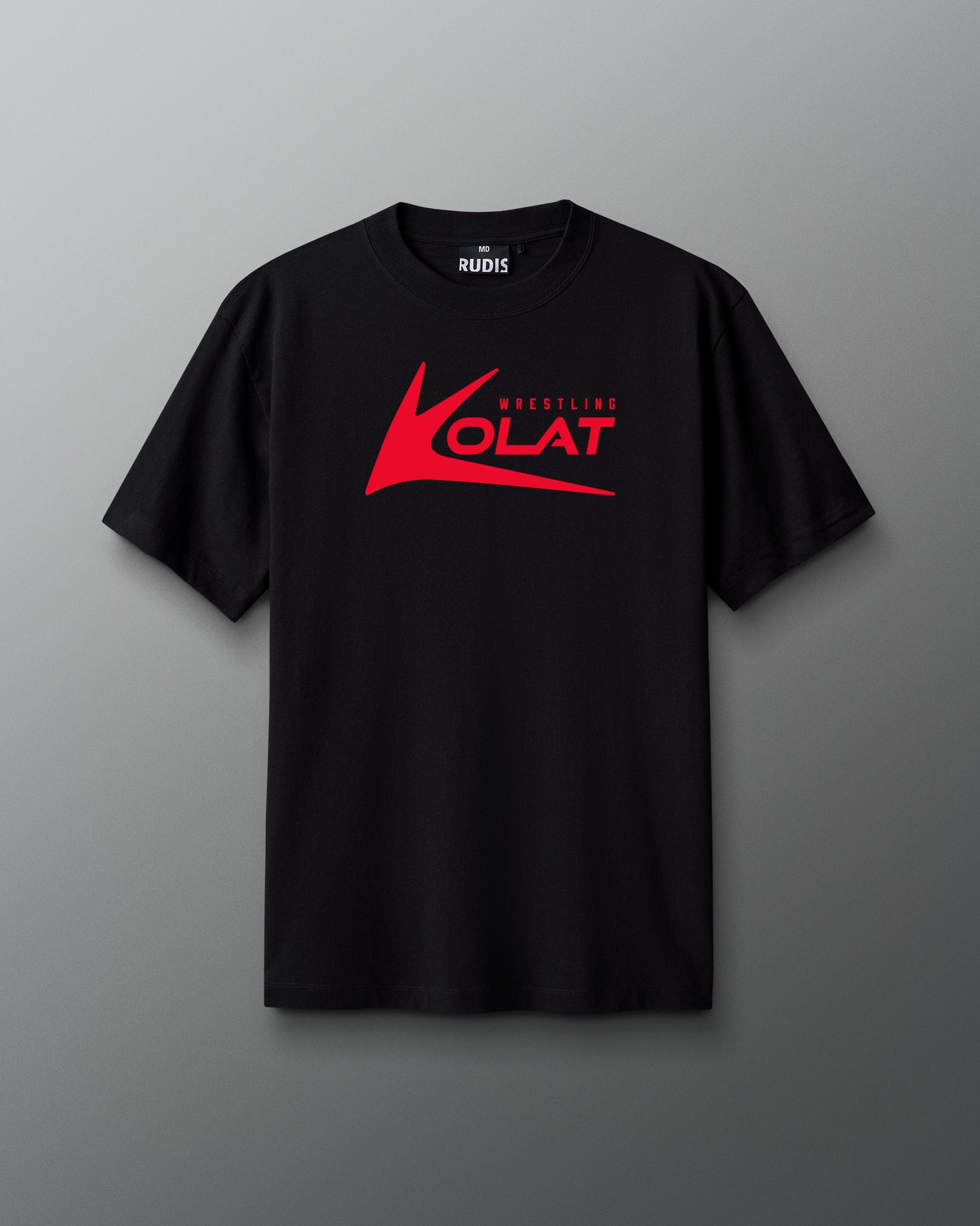 Black t-shirt with a red logo on a gray background