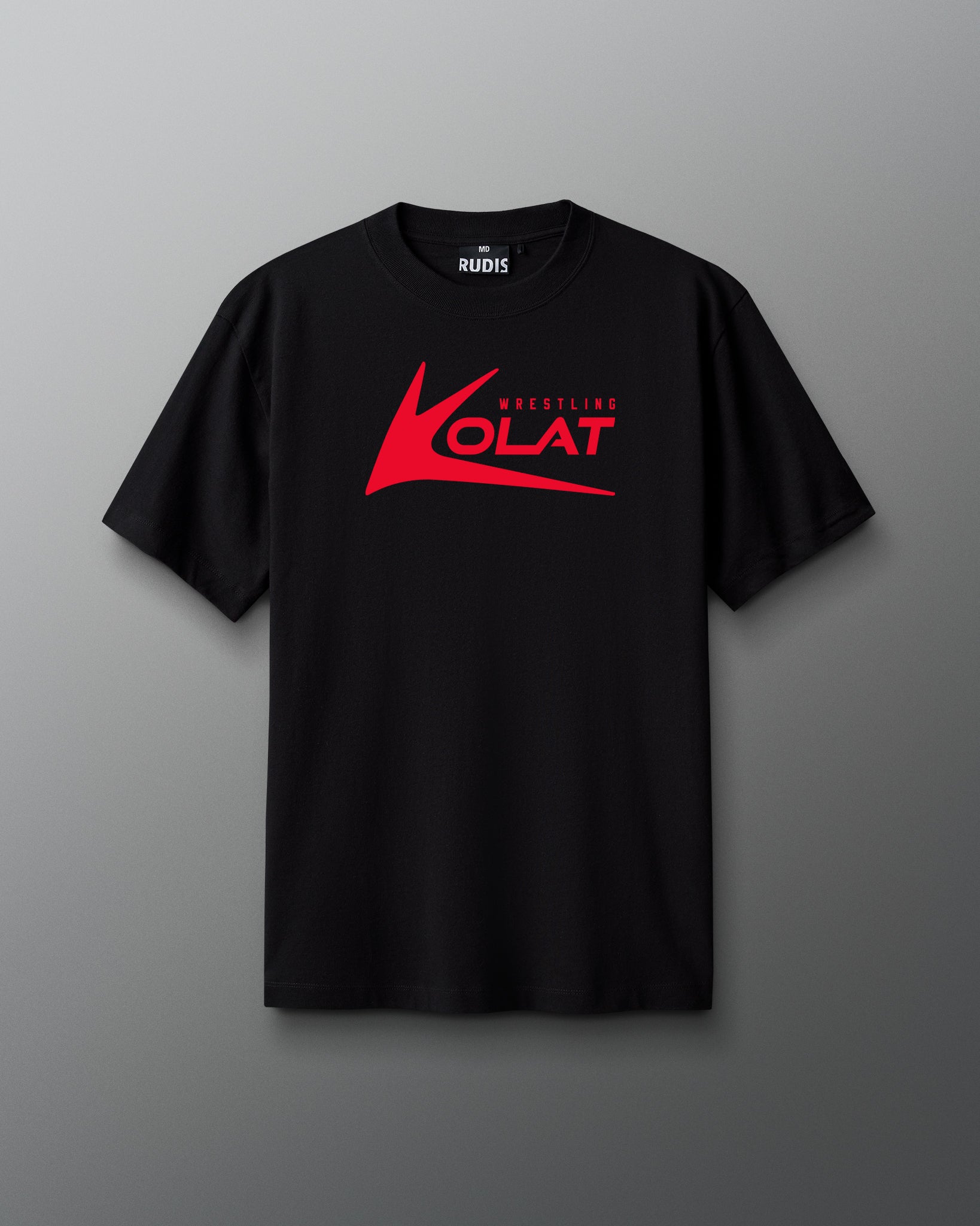Black t-shirt with a red logo on a gray background