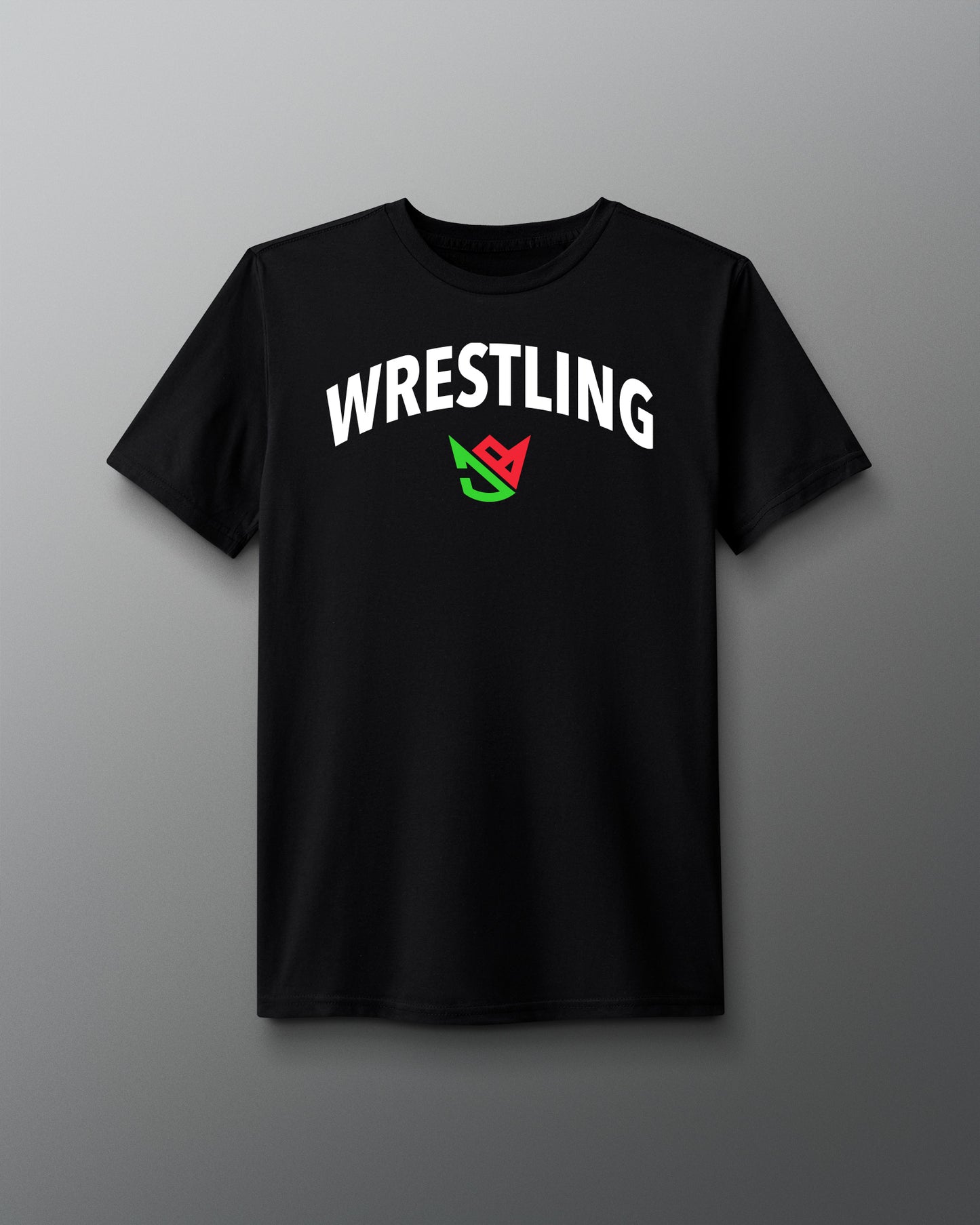 Black t-shirt with 'Wrestling' text on a gray background