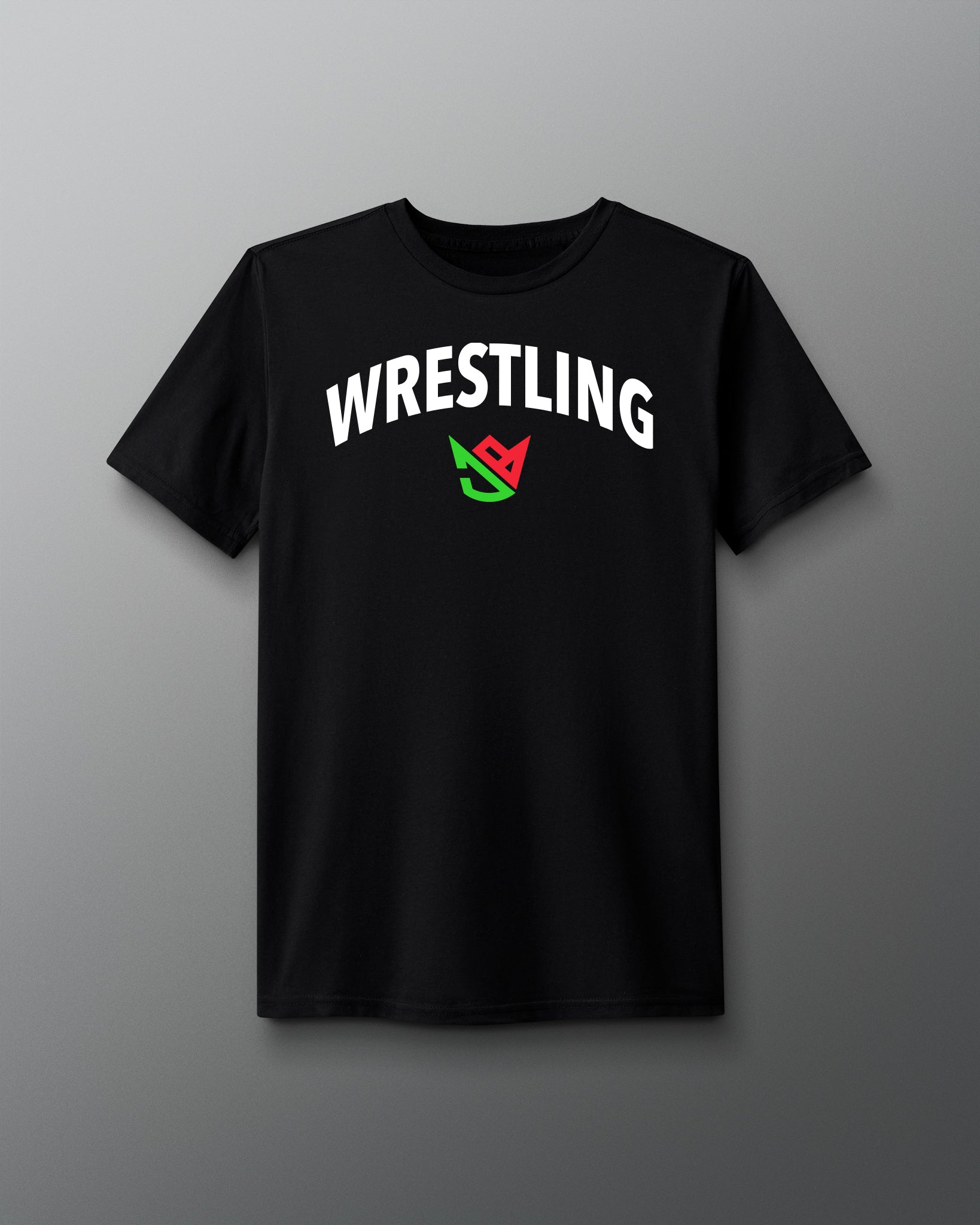 Black t-shirt with 'Wrestling' text on a gray background