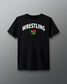 Black t-shirt with 'Wrestling' text on a gray background