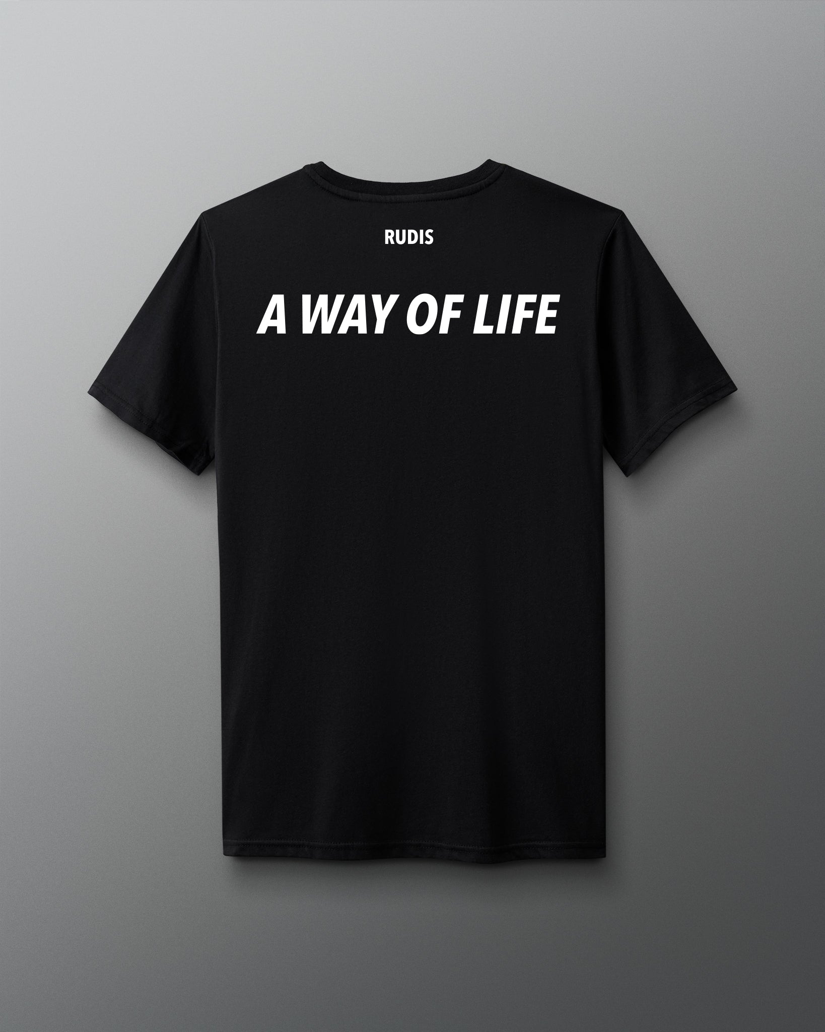 Black t-shirt with 'A Way of Life' text on a gray background