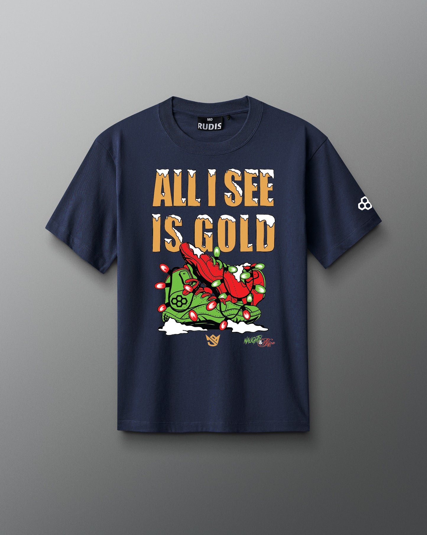 Navy blue t-shirt with 'All I See Is Gold' graphic design on a gray background