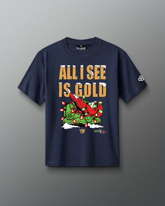Navy blue t-shirt with 'All I See Is Gold' graphic design on a gray background