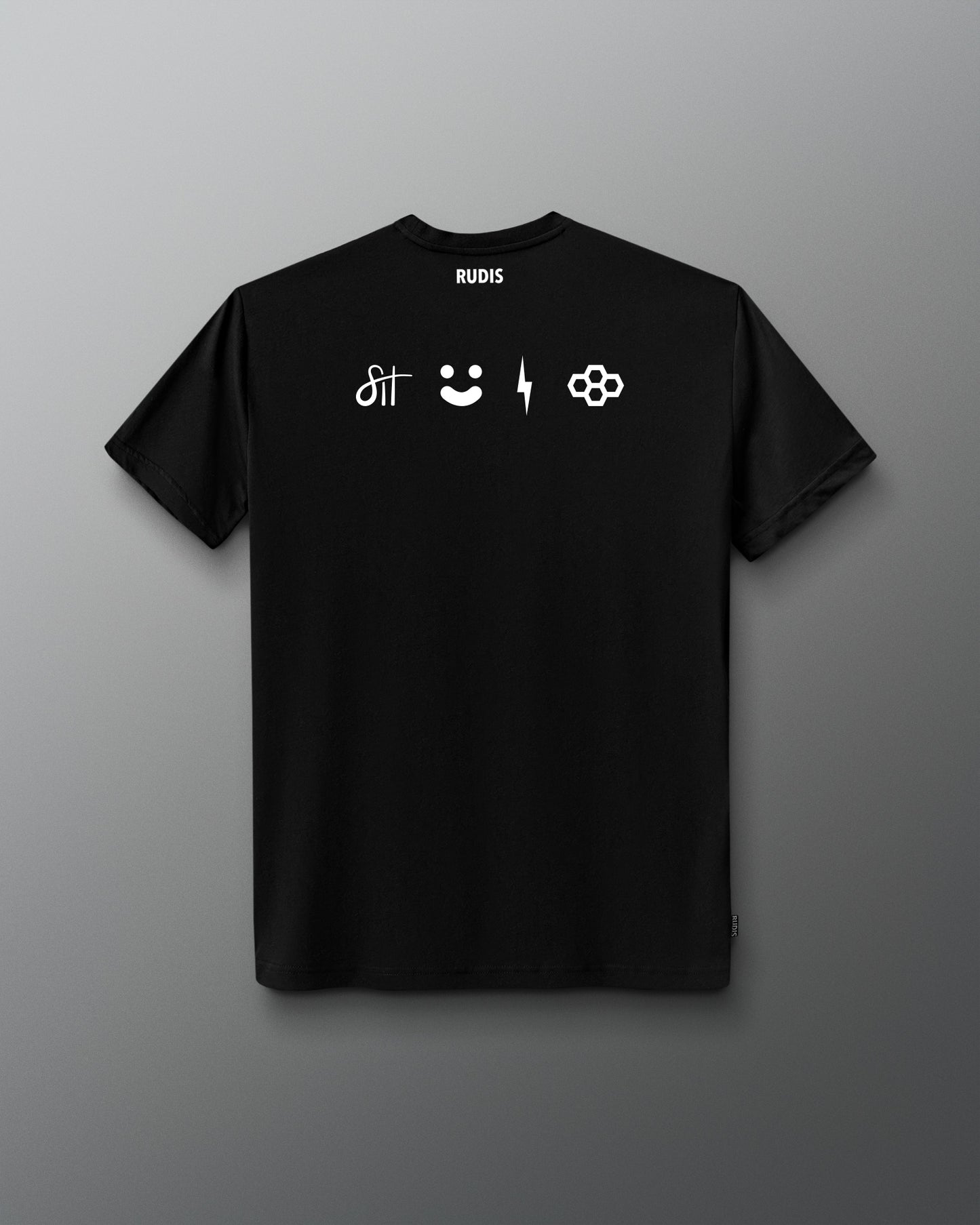 A black short-sleeve t-shirt with white graphic prints on the back, including the brand name 'RUDIS' and four minimalist symbols, displayed against a dark gray gradient background.