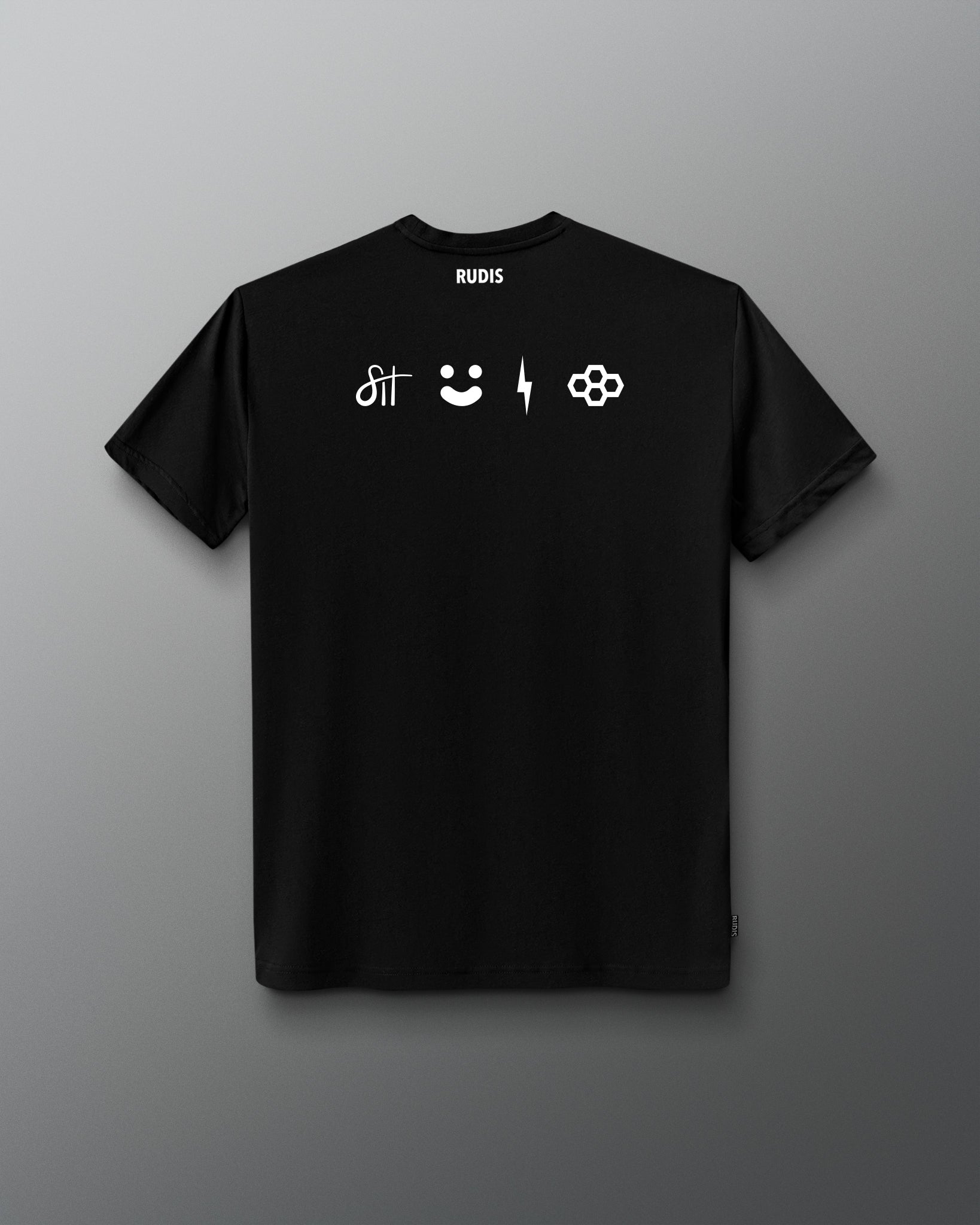A black short-sleeve t-shirt with white graphic prints on the back, including the brand name 'RUDIS' and four minimalist symbols, displayed against a dark gray gradient background.