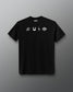 A black short-sleeve t-shirt with white graphic prints on the back, including the brand name 'RUDIS' and four minimalist symbols, displayed against a dark gray gradient background.
