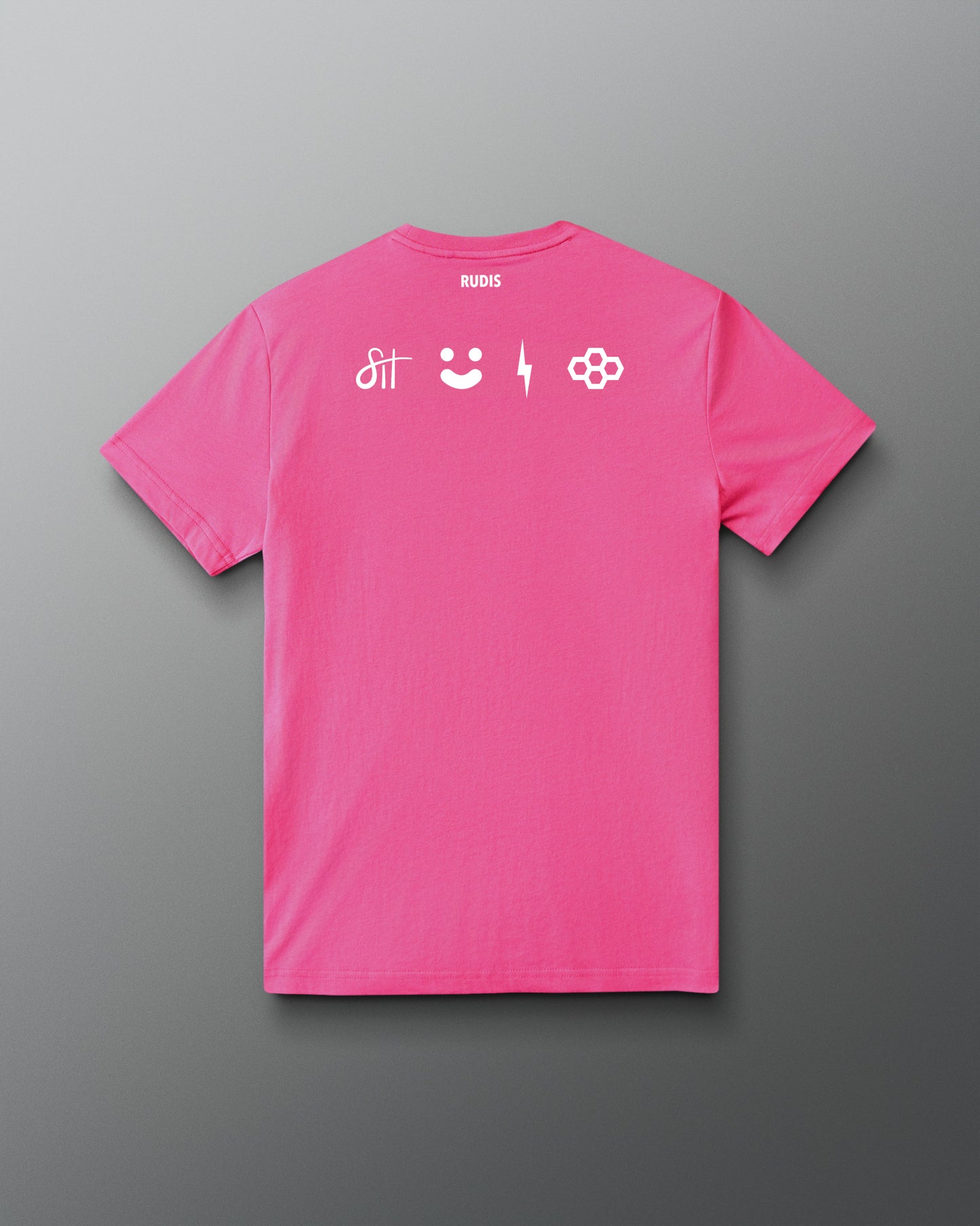 A bright pink short-sleeve t-shirt shown from the back, featuring white minimalist graphic symbols across the upper back and the brand name 'RUDIS' printed in white at the inner neck, set against a dark gray gradient background.