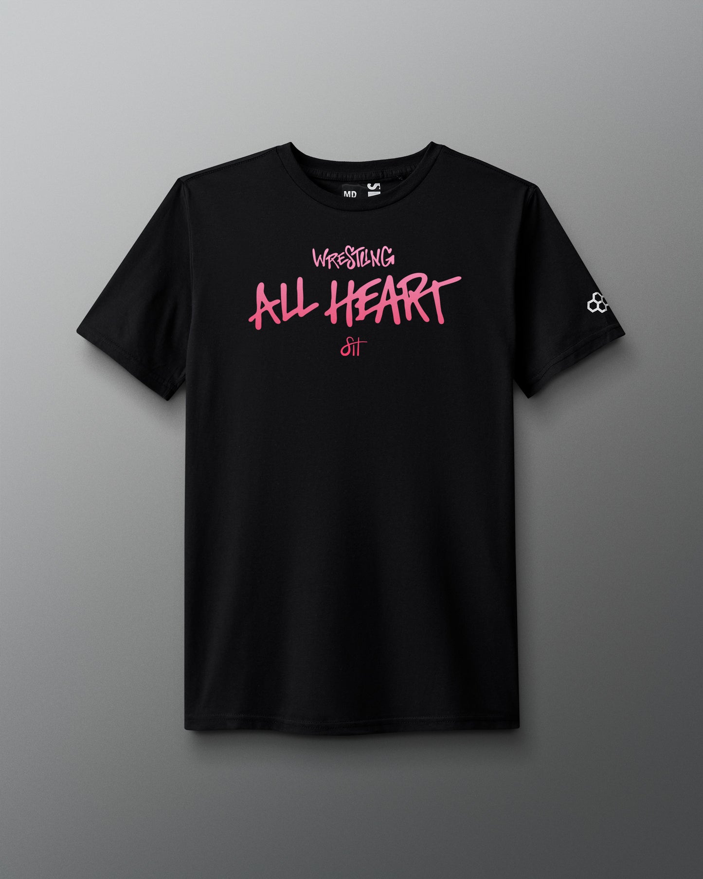 Black t-shirt with pink text on a gray background