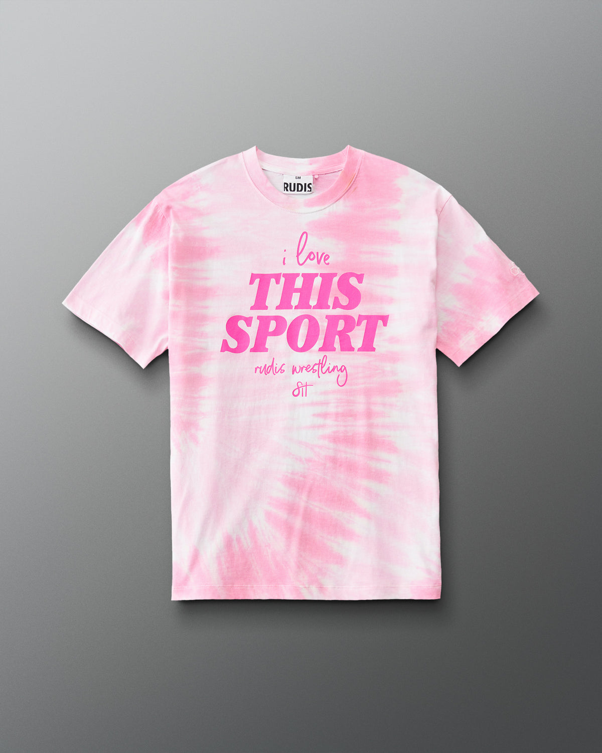 RUDIS I Love This Sport Classic Cotton T-Shirt in Pink Tie-Dye, front view featuring a bold pink 'I Love This Sport' wrestling graphic, crew neckline, and short sleeves. Copy Alt Text