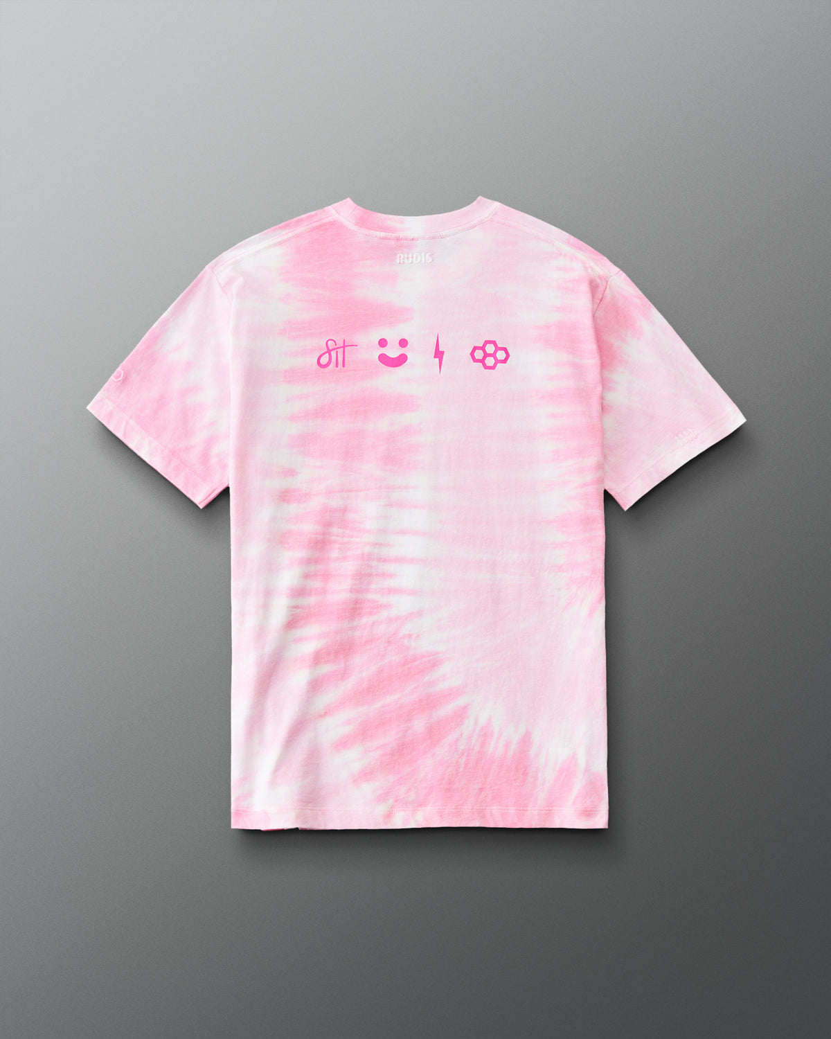 RUDIS I Love This Sport Classic Cotton T-Shirt in Pink Tie-Dye, back view featuring pink wrestling-inspired symbols across the upper back, RUDIS neck branding, and a pink and white tie-dye pattern. Copy Alt Text