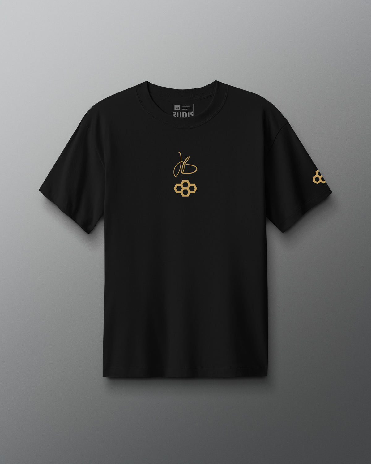 Black RUDIS JB Gold Heavyweight T-Shirt shown from the front, featuring gold Jordan Burroughs signature and RUDIS graphics on the chest with a coordinating gold RUDIS logo on the sleeve.