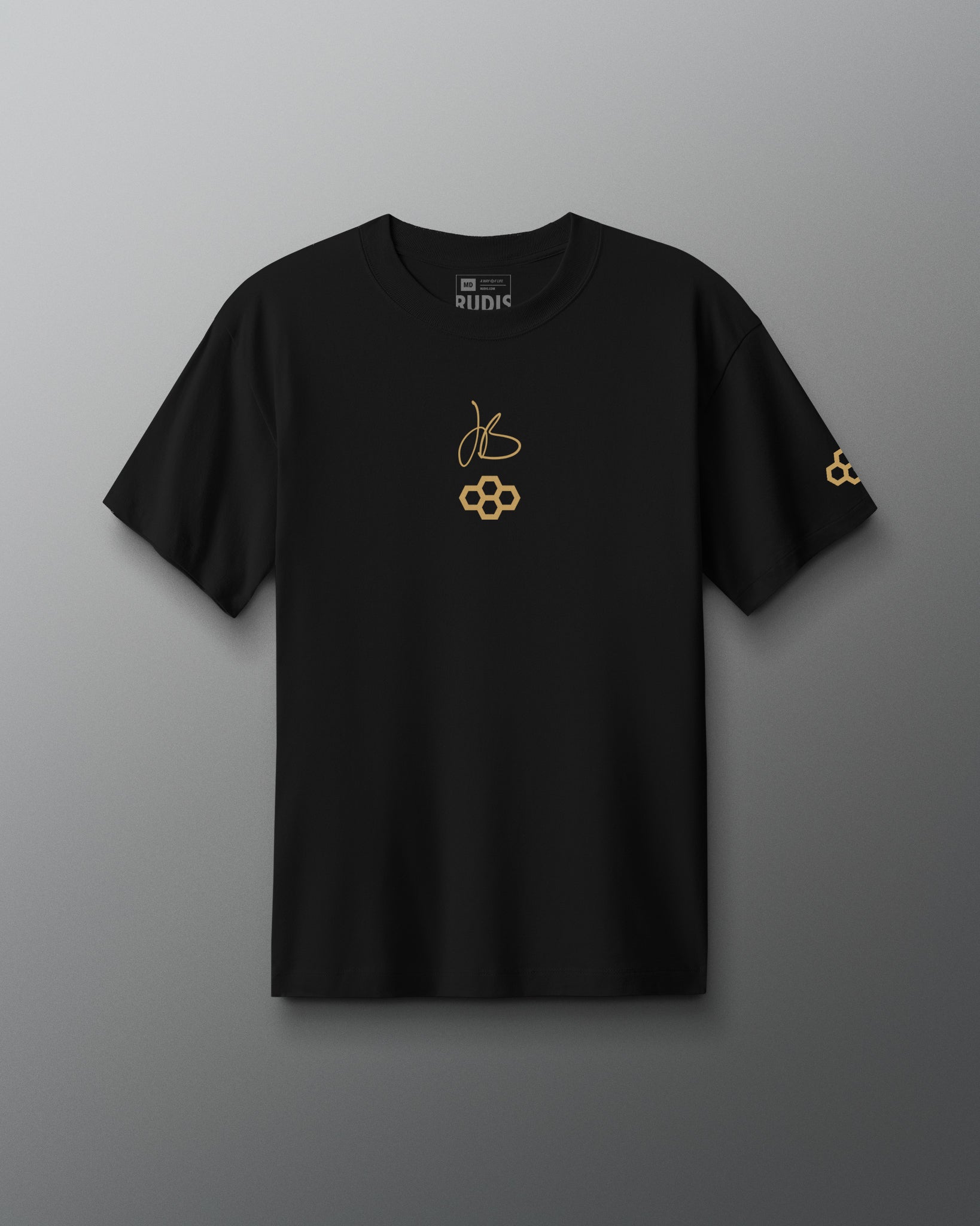 Black RUDIS JB Gold Heavyweight T-Shirt shown from the front, featuring gold Jordan Burroughs signature and RUDIS graphics on the chest with a coordinating gold RUDIS logo on the sleeve.