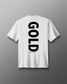 Back view of the white RUDIS JB Gold Heavyweight T-Shirt featuring oversized vertical black “GOLD” lettering with Jordan Burroughs and RUDIS details beneath the graphic.