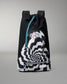 A black drawstring backpack with a large black and white optical illusion spiral graphic on the front pocket, a pink and blue geometric logo patch, and a small white label near the zipper.