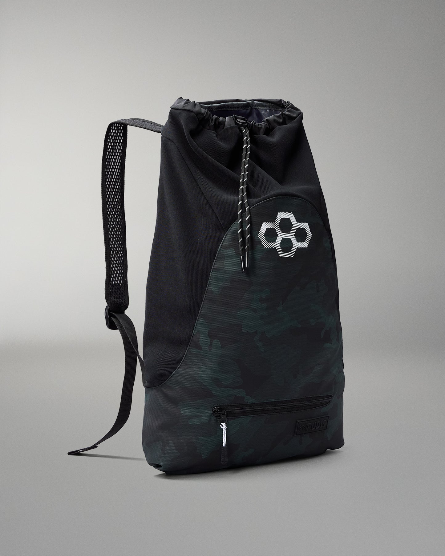 green camo drawstring bag with a logo on a gray background