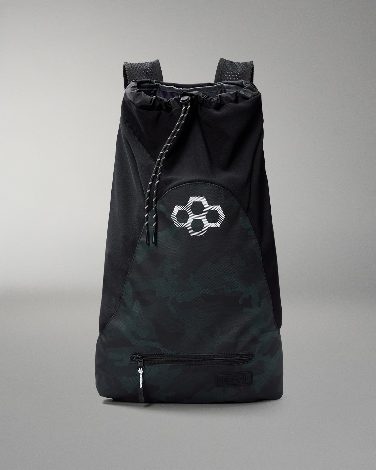 green camo drawstring bag with a geometric logo on a gray background