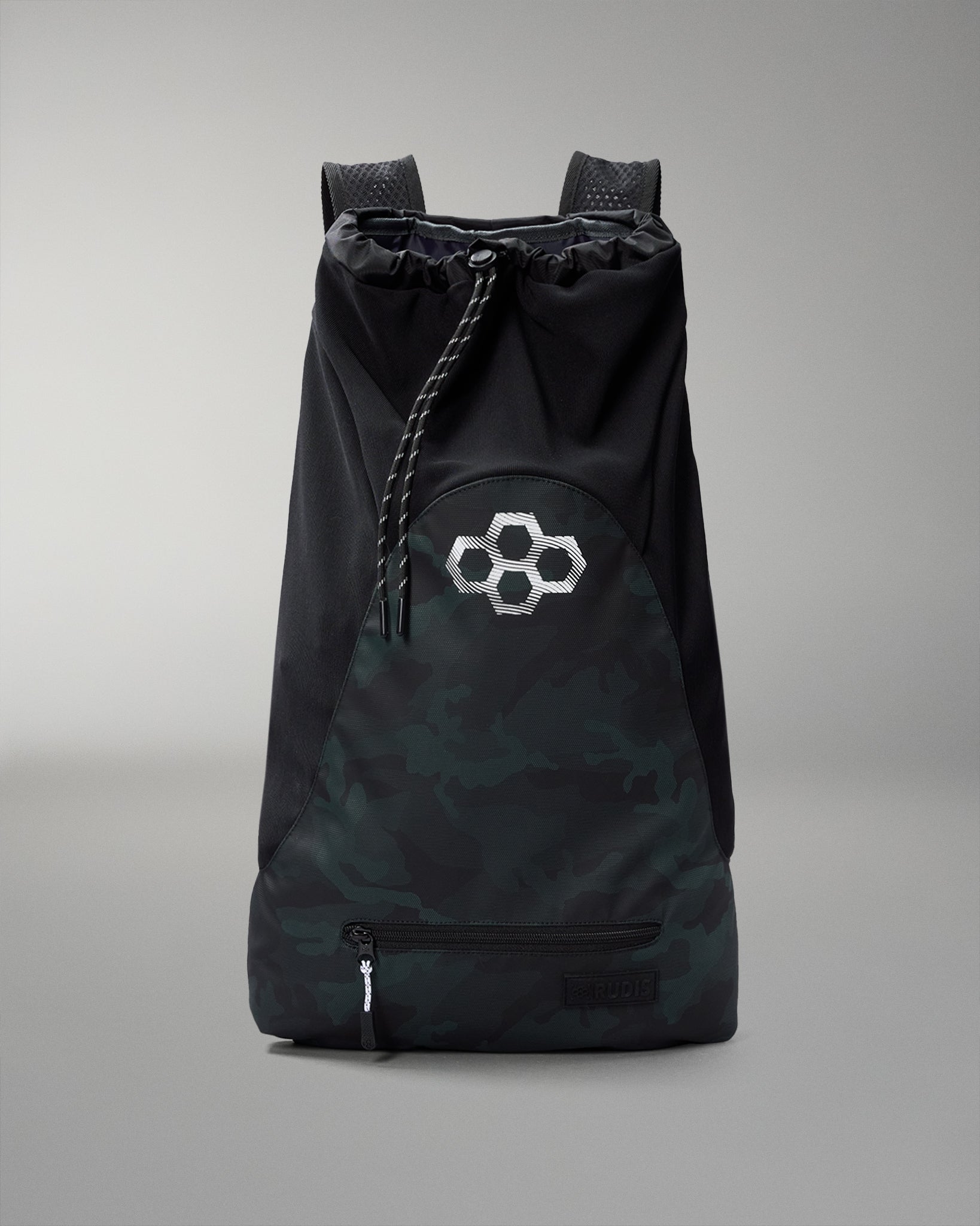 green camo drawstring bag with a geometric logo on a gray background