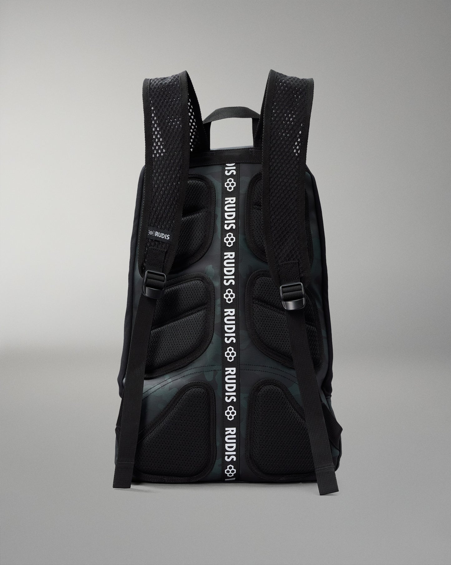 green camo backpack with 'RUDIS' branding on a gray background