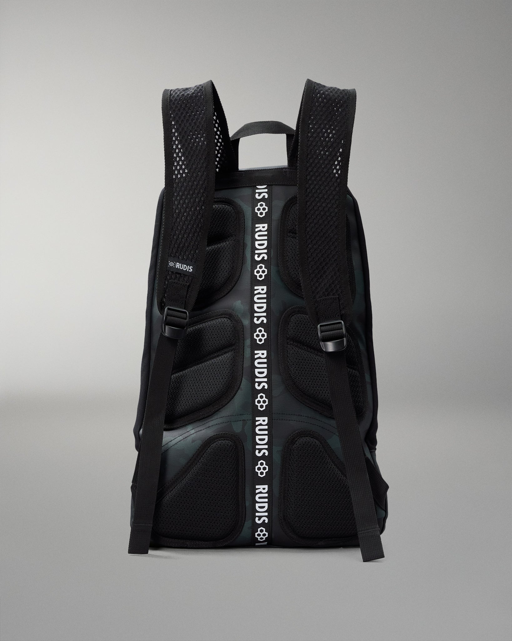 green camo backpack with 'RUDIS' branding on a gray background
