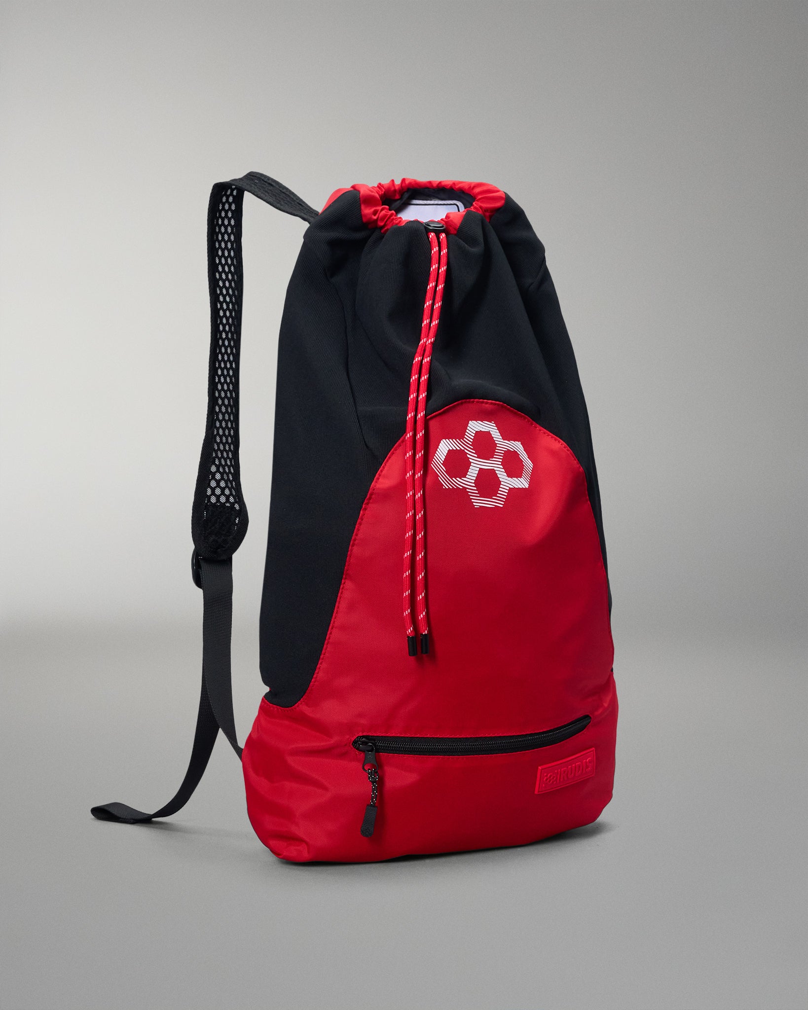 Red and black drawstring bag with a logo on a gray background